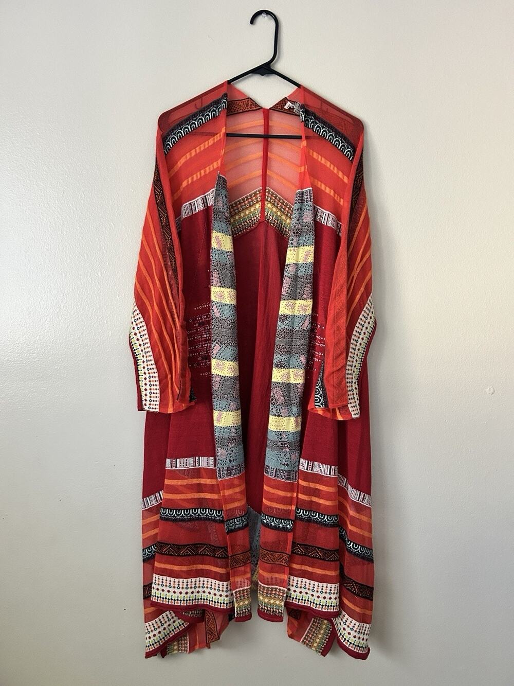 Ivko Woman Geometric Red Long Knit Cardigan Duster Sz EU 44/46 / US XL-XXL